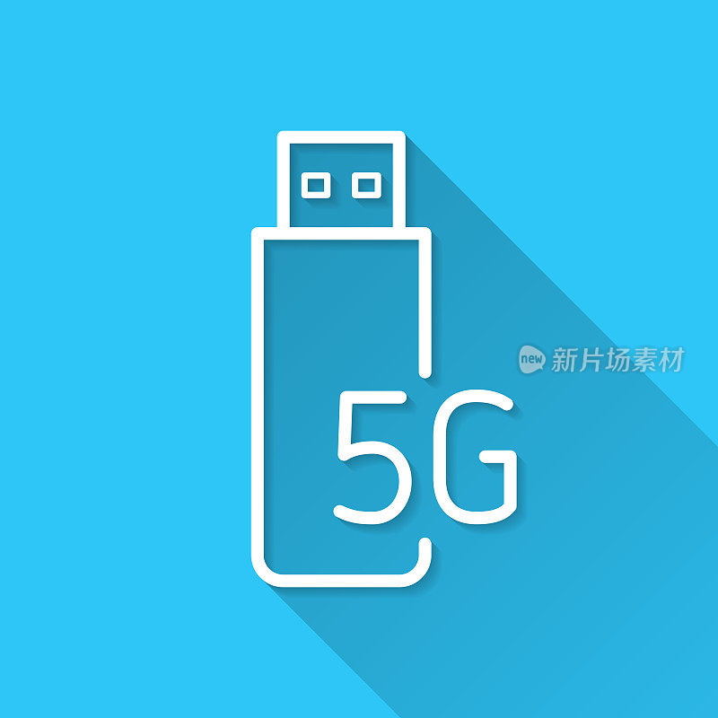 5G USB调制解调器。图标在蓝色背景-平面设计与长阴影